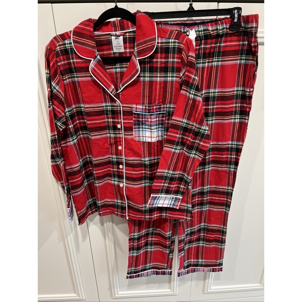 Lands' End Red Women's Red Christmas Plaid Flannel Pajama Set Size Medium Cozy
